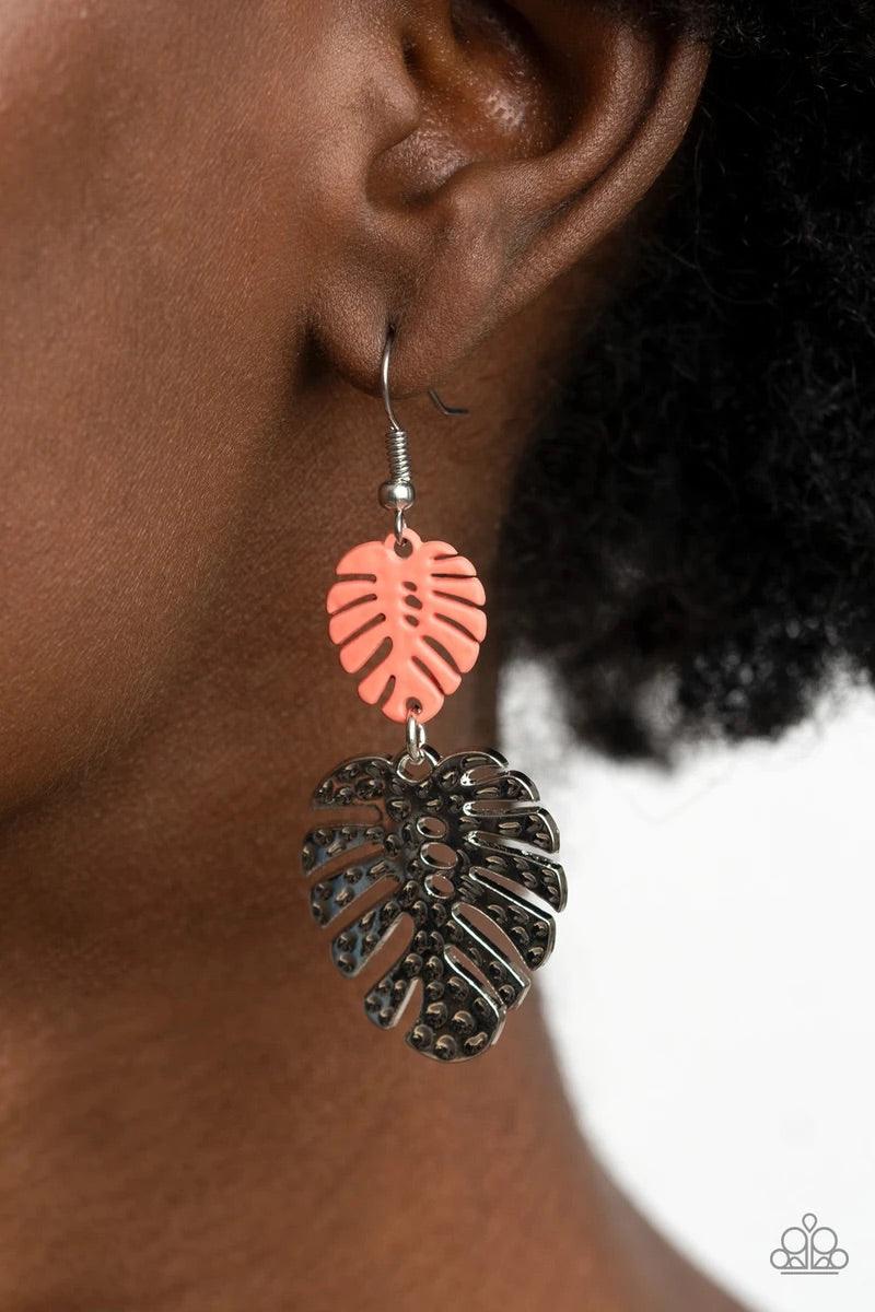 Paparazzi Accessories Palm Tree Cabana - Orange A coral palm leaf attaches to a hammered silver palm leaf, creating a colorful island inspired frame. Earring attaches to a standard fishhook fitting.Sold as one pair of earrings. Jewelry