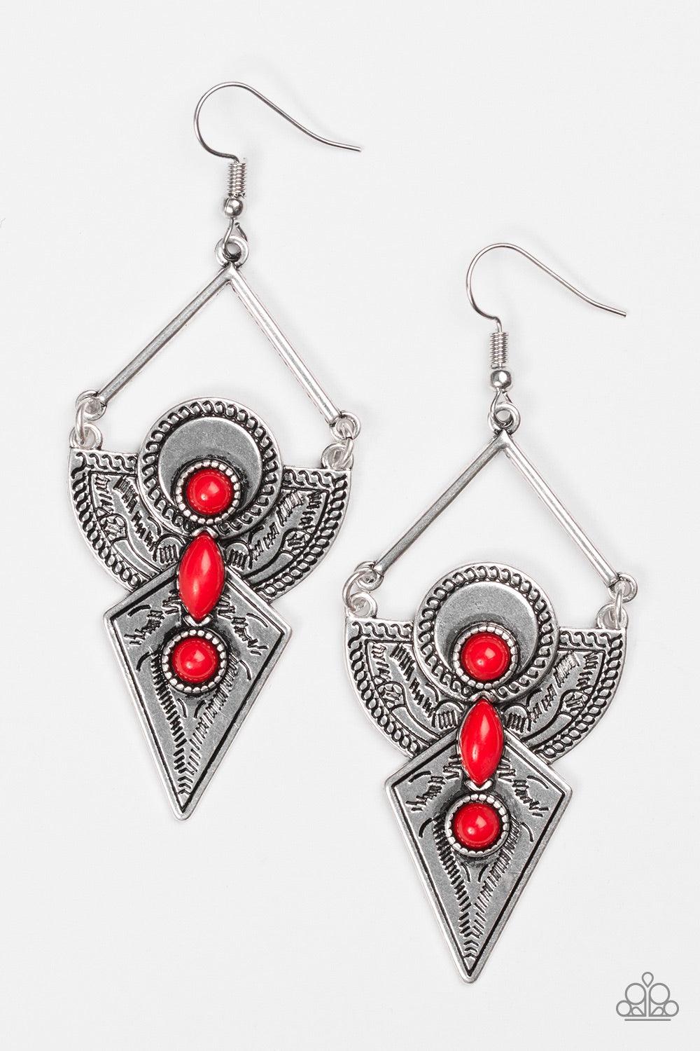 Paparazzi Accessories Desert Dynasty - Red Stamped in tribal inspired patterns, two silver plates swing from the bottom of a triangular silver bar for a tribal inspired look. Varying in shape, shiny red beads are pressed into the lure for a seasonal finis