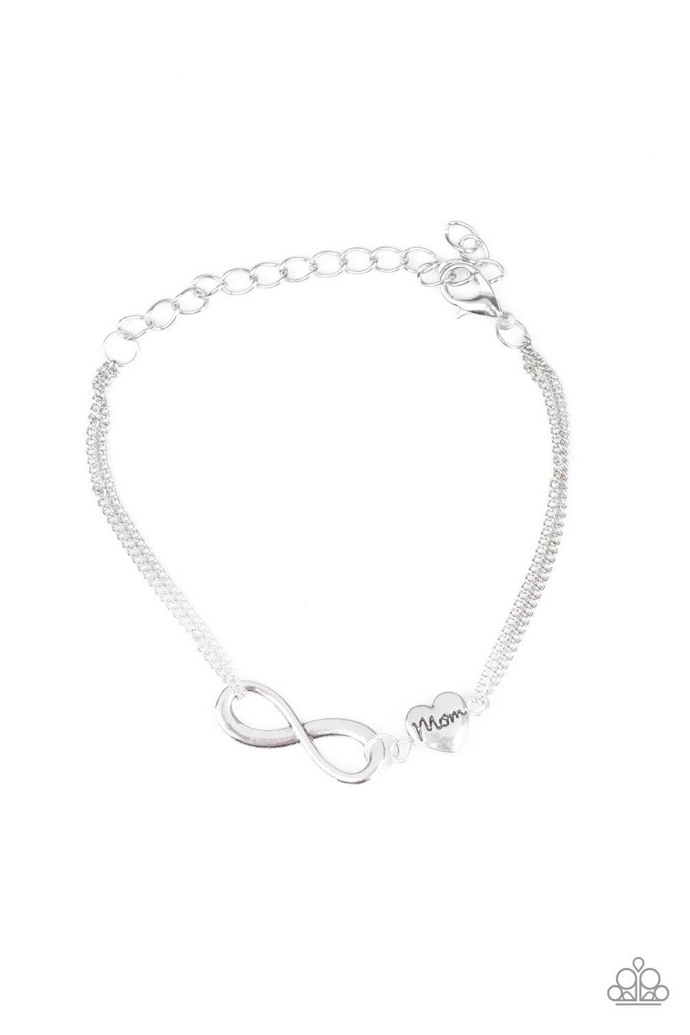 Paparazzi Accessories Purest Love - Silver A glistening silver infinity and silver heart stamped in the word, "Mom", delicately link across the wrist for a timeless look. Features an adjustable clasp closure. Jewelry