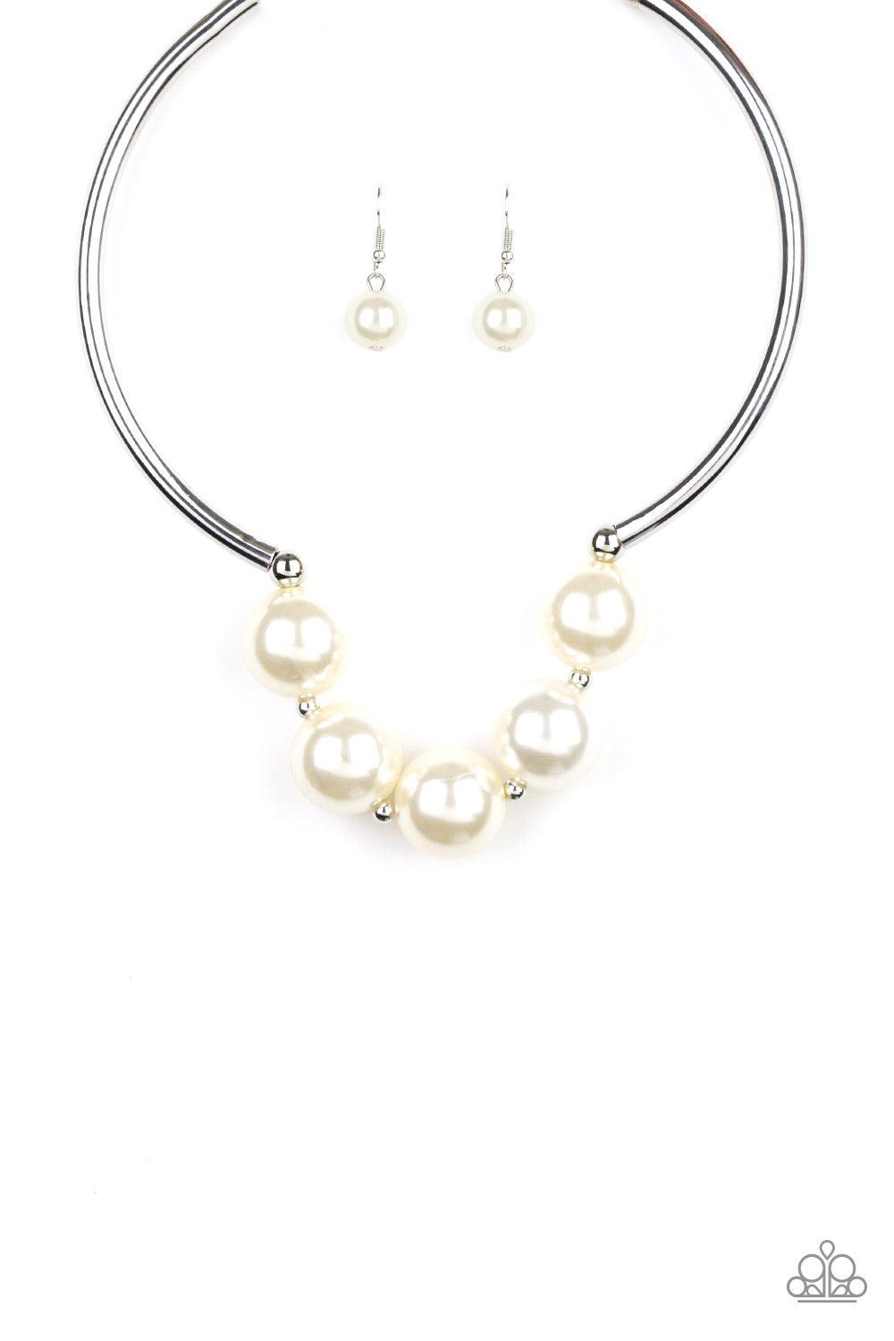 Paparazzi Accessories Welcome To WallStreet - White Threaded along an invisible wire, two arching silver bars give way to a collection of dainty silver beads and oversized white pearls for a dramatic look below the collar. Features an adjustable clasp clo