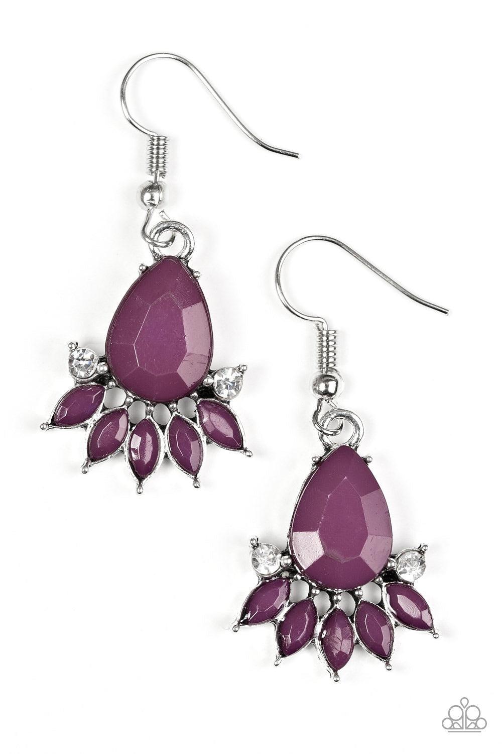 Paparazzi Accessories Meant To BEAD - Purple Faceted purple beads fan out from a larger teardrop bead in a regal fashion. Dainty white rhinestones dot the sides, adding an extra splash of shimmer to the flirty palette. Earring attaches to a standard fishh