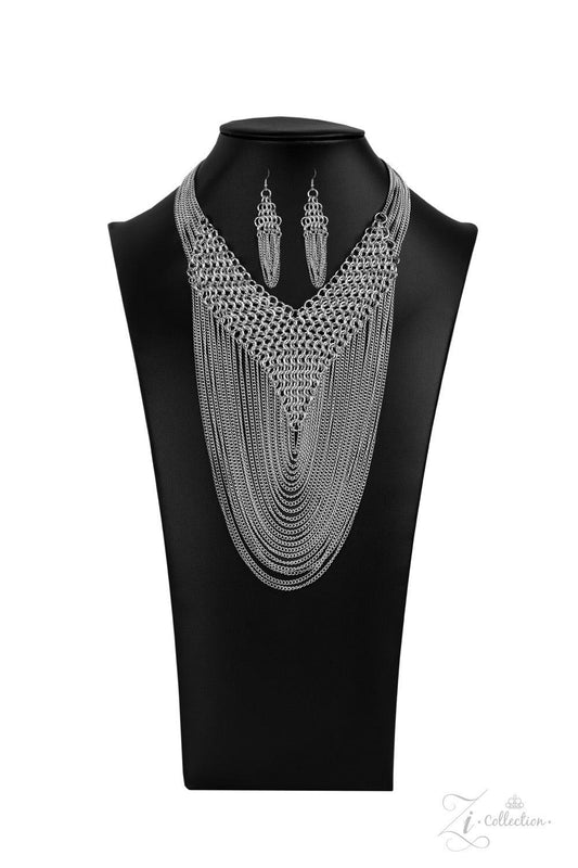 Paparazzi Accessories Defiant 💗💗ZiCollection $25💗💗 Suspended from the bottom of thickly layered chains, a rebellious mesh of silver links connect into an edgy V-shaped net. Tiers of dainty silver chains drape from the bottom of the net, creating radic