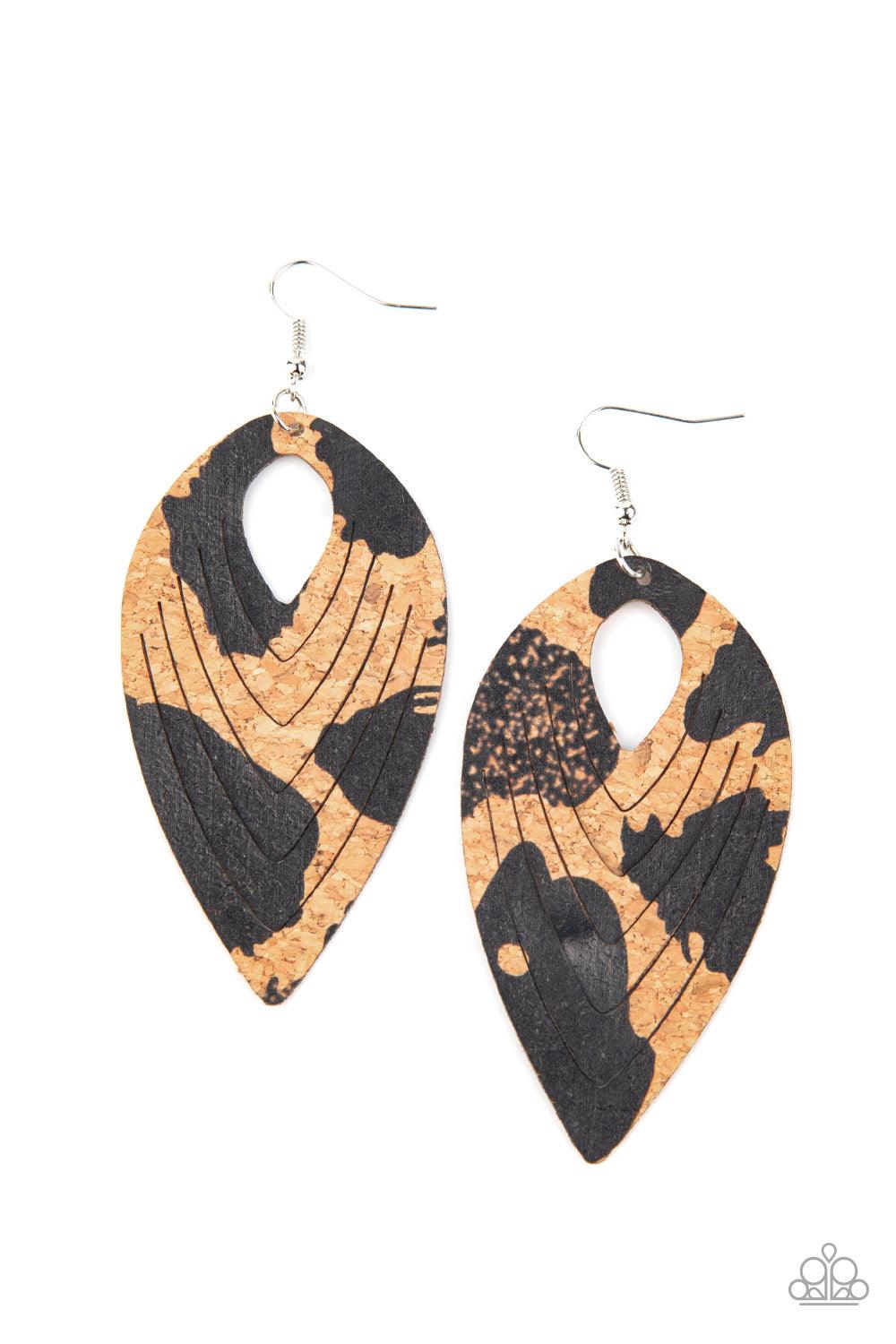 Paparazzi Accessories Cork Cabana - Black Spotted in shiny black accents, a flat cork teardrop is spliced into a rippling frame for an earthy fashion. Earring attaches to a standard fishhook fitting. Sold as one pair of earrings. Jewelry