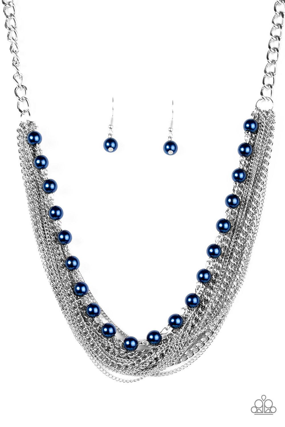 Paparazzi Accessories Fierce Fashion - Blue A strand of classic blue pearls gives way to layers of mismatched silver chain, creating a fierce look below the collar. Features an adjustable clasp closure. Sold as one individual necklace. Includes one pair o