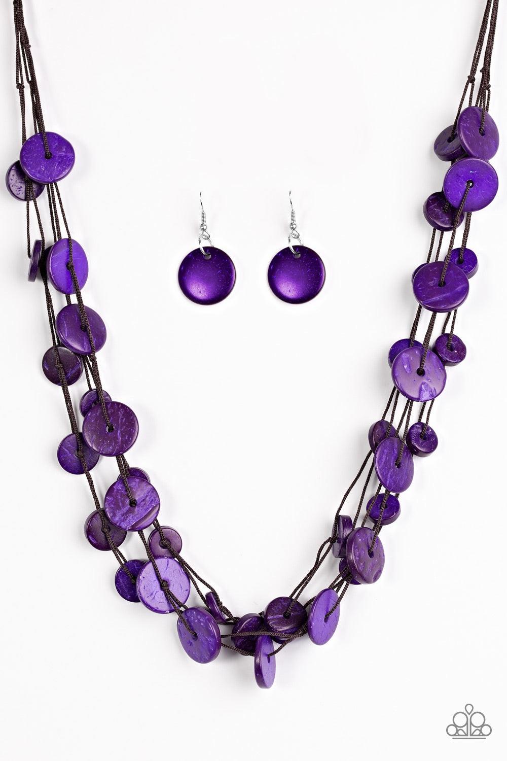Paparazzi Accessories Bermuda Beach House - Purple Tinted in a vivacious purple finish, distressed wooden discs trickle along strands of knotted brown cording, creating colorful layers below the collar for a seasonal vibe. Features a button-loop closure.