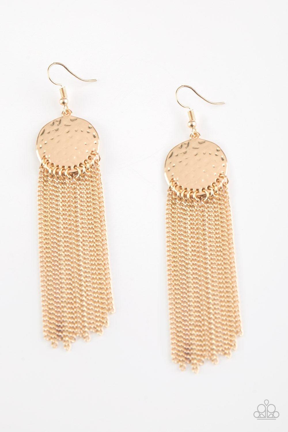 Paparazzi Accessories Solar Scene - Gold Shimmering gold chains stream from the bottom of a delicately hammered gold frame, creating a casual fringe. Earring attaches to a standard fishhook fitting. Sold as one pair of earrings. Jewelry