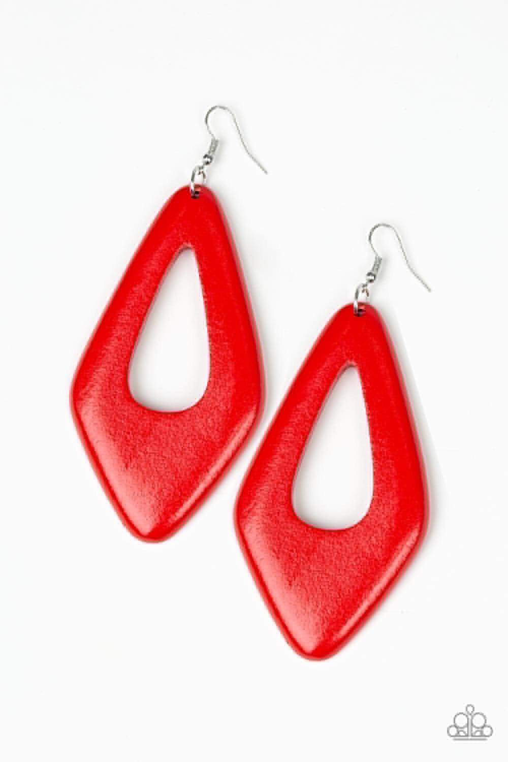 Paparazzi Accessories A SHORE Bet - Red Brushed in a shiny red finish, a bold wooden frame swings from the ear for a seasonal look. Earring attaches to a standard fishhook fitting. Jewelry