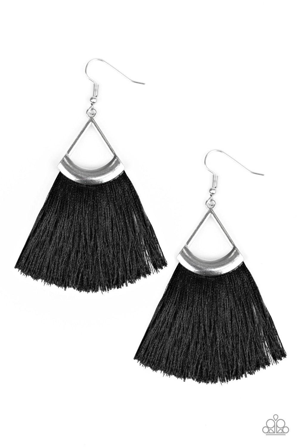 Paparazzi Accessories Tassel Tuesday’s - Black A fan of shiny black thread flares from the bottom of a silver triangular frame, creating a flirtatious fringe. Earring attaches to a standard fishhook fitting. Sold as one pair of earrings. Jewelry