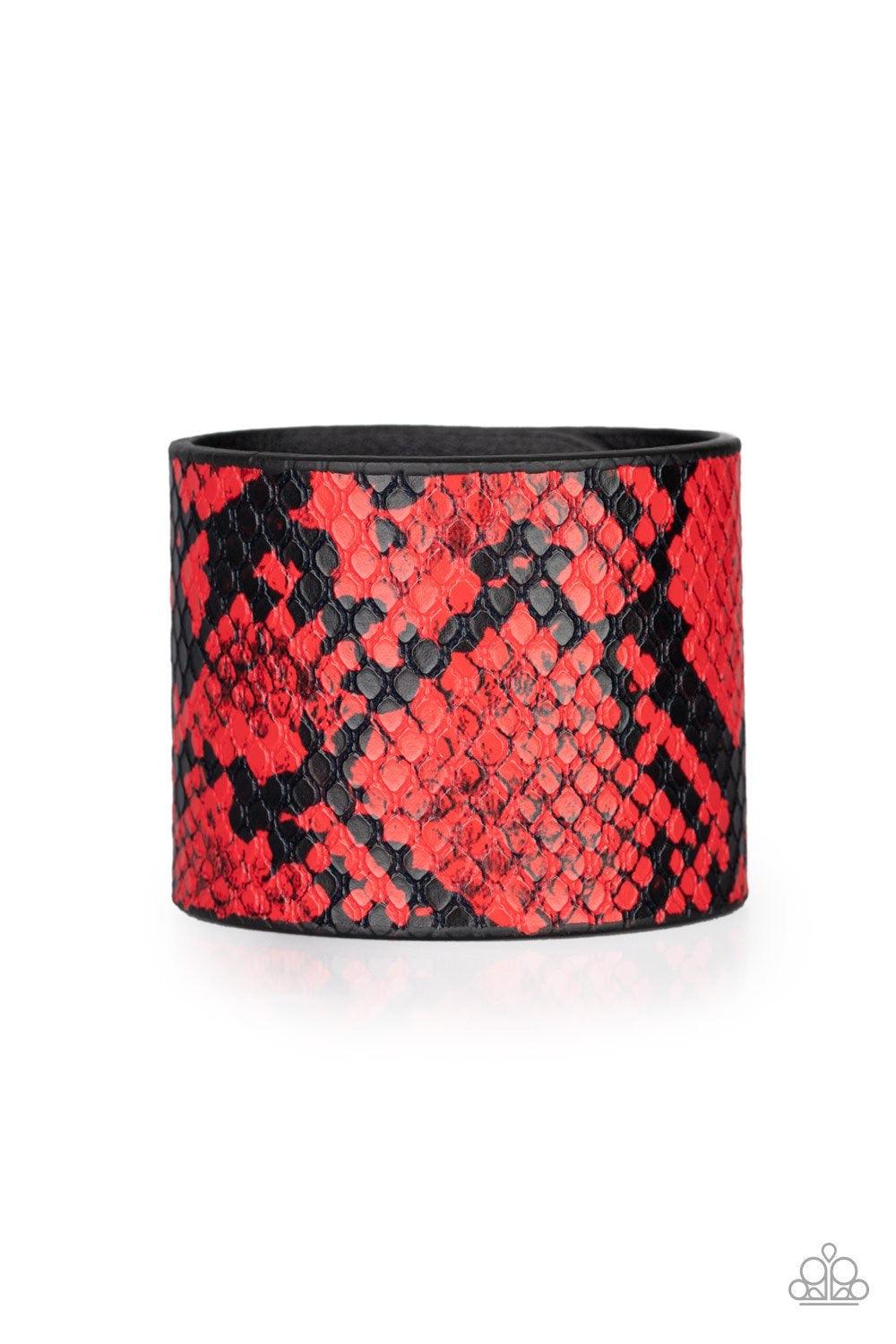 Paparazzi Accessories The Rest is HISS-Tory - Red Featuring a red python print, a thick black leather band wraps around the wrist for a wild look. Features an adjustable snap closure. Sold as one individual bracelet. Jewelry