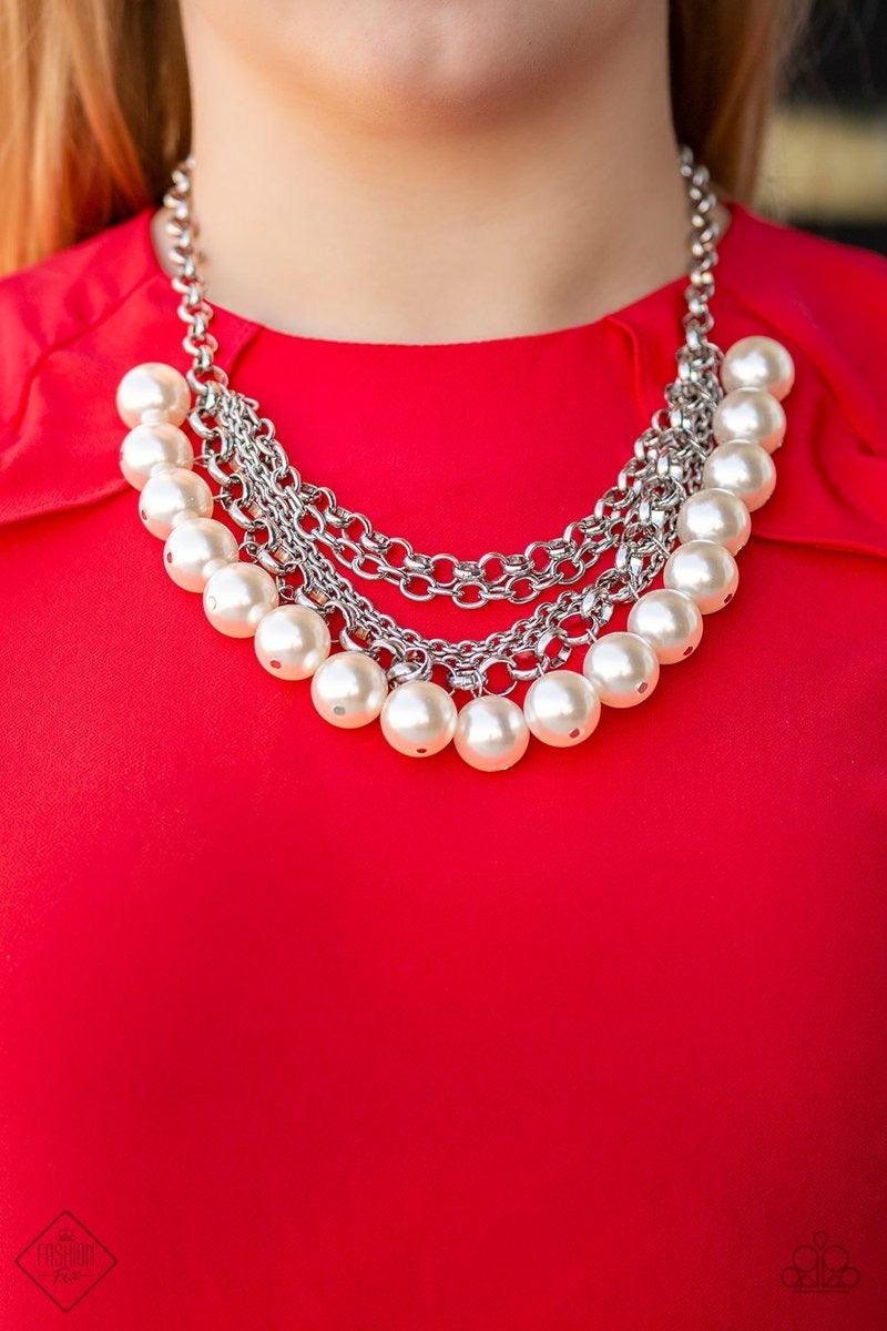 Paparazzi Accessories One-Way Wallstreet - White A collision of mismatched silver chains layer below the collar. Over sized white pearls dangle from the lowermost chain, creating a dramatically refined fringe for a statement-making finish. Features an adj