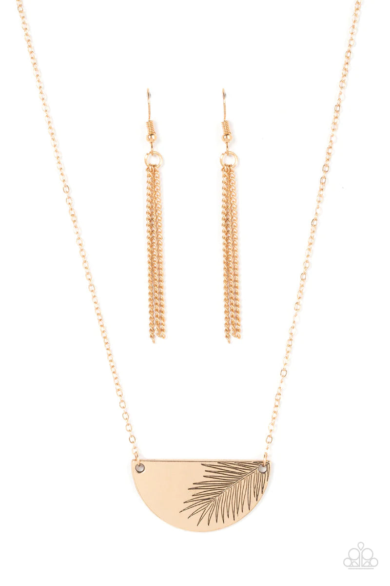 Paparazzi Accessories Cool, PALM, and Collected - Gold Suspended between the center of a dainty gold chain, a glistening gold half moon plate is stamped in an antiqued palm leaf for a seasonal flair. Features an adjustable clasp closure. Sold as one indiv