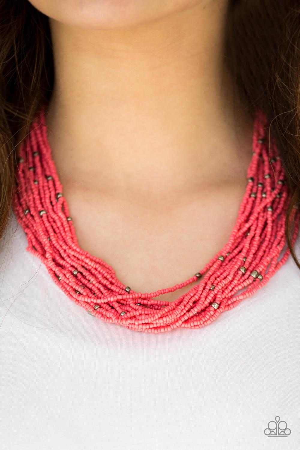 Paparazzi Accessories Summer Samba - Orange Countless coral seed beads drape into a gorgeous layered cascade below the collar. Dainty metallic accents are sprinkled between the colorful beads, adding irresistible hints of shimmer to the seasonal palette.