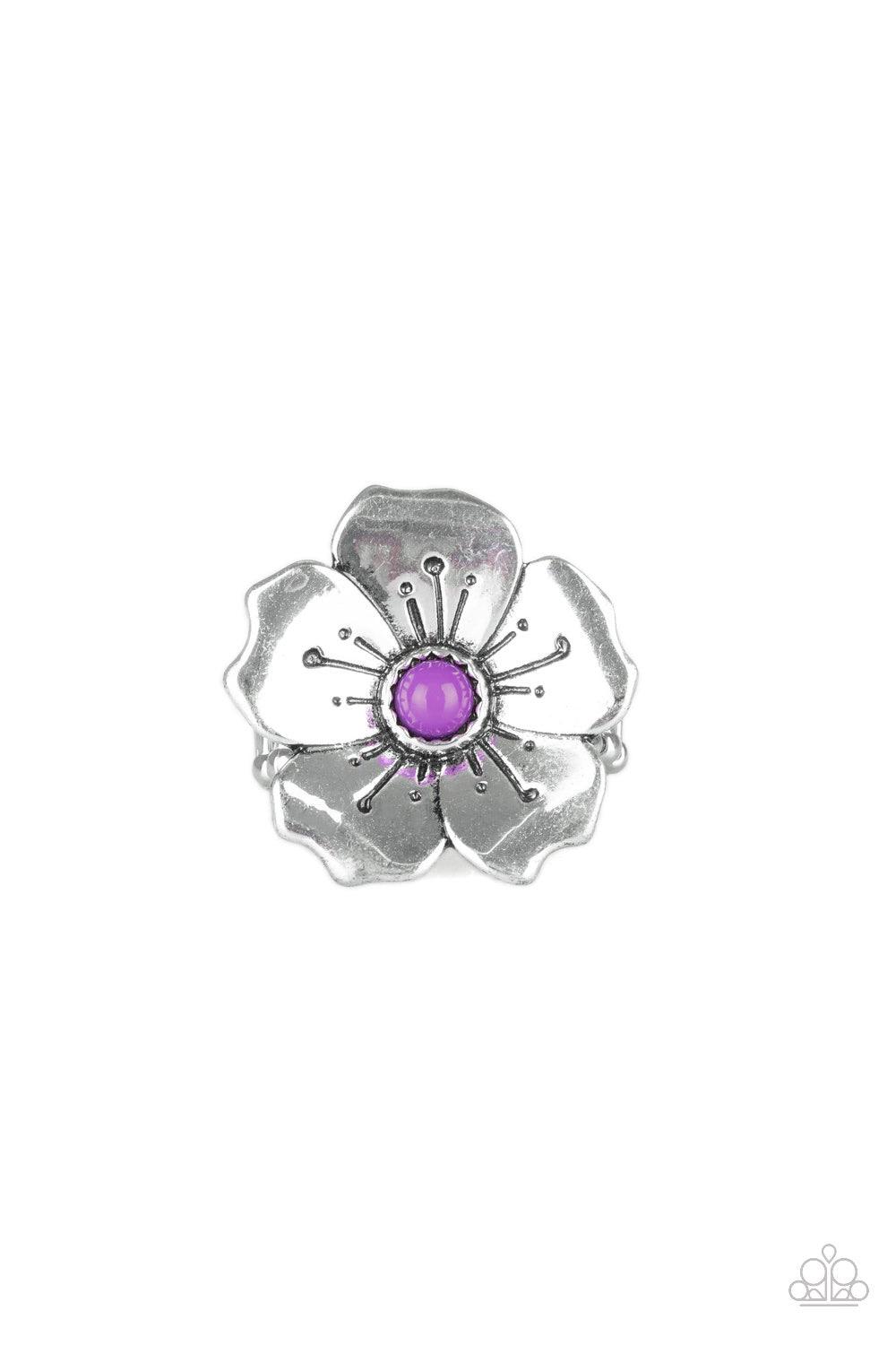 Paparazzi Accessories Boho Blossom - Purple A bright purple bead is pressed into the center of a blooming silver flower radiating with antiqued details for a whimsical look. Features a stretchy band for a flexible fit. Sold as one individual ring. Jewelry