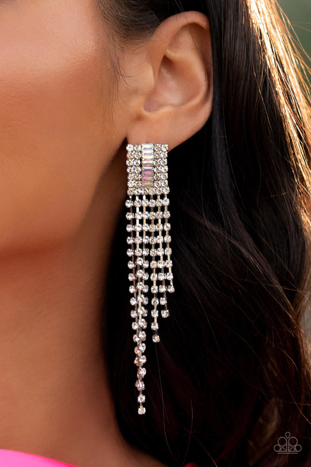 Paparazzi Accessories A-Lister Affirmations - Multi A tapered fringe of glittery white rhinestones streams out from the bottom of a rectangular silver frame. Dotted in rows of blinding white rhinestones, the center of the glitzy fitting is infused with a