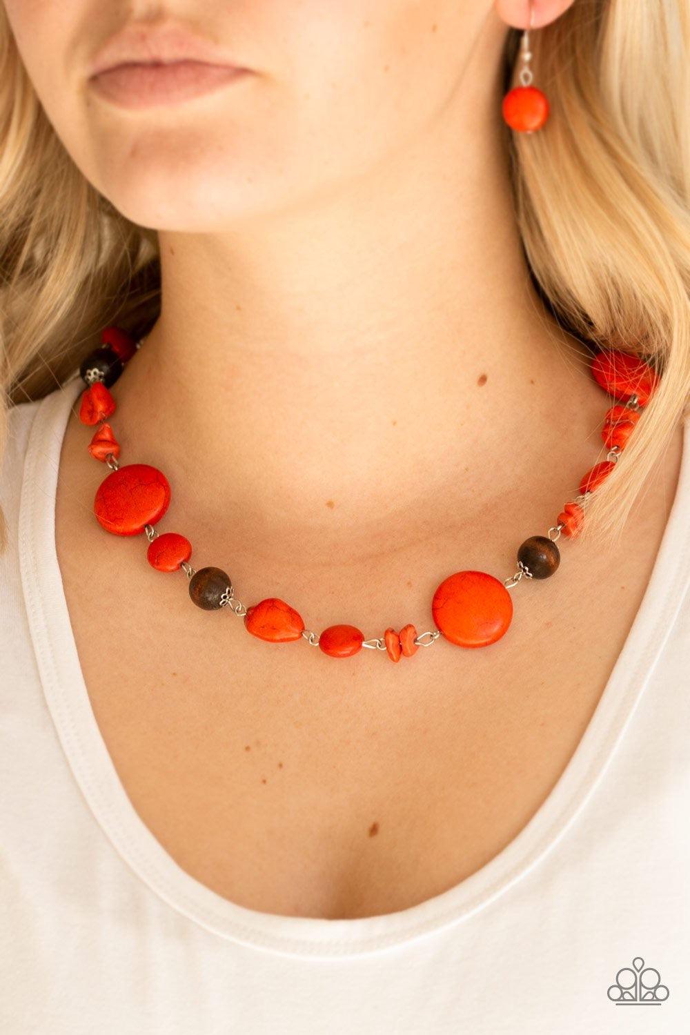 Paparazzi Accessories Canyon Collection ~Orange Chiseled into round and earthy pebble cuts, orange stones link below the collar in a seasonal fashion. Shiny wooden beads are sprinkled between the earthy stone accents for a handcrafted, artisan inspired fi