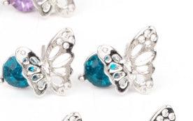 Paparazzi Accessories Starlet Shimmer Earrings #21 - Blue Airy silver butterfly frames featuring glittery rhinestones vary in shades of green, yellow purple, pink, white, blue, red, purple, and multicolored. Earrings attach to standard post fittings. Jewe