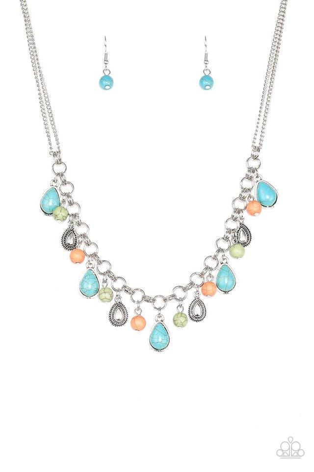 Paparazzi Accessories Welcome to Bedrock ~Multi Chiseled into round and teardrop shapes, refreshing turquoise, green, and orange stones swing from the bottom of a bold double-linked silver chain below the collar. Embossed in studded details, shimmery silv