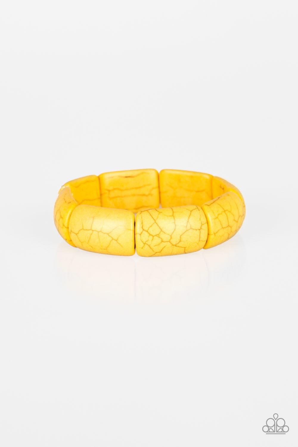 Paparazzi Accessories Peace Out - Yellow Chiseled into smooth rectangular frames, hearty yellow stone pieces are threaded along stretchy bands and linked around the wrist for an earthy look. Jewelry