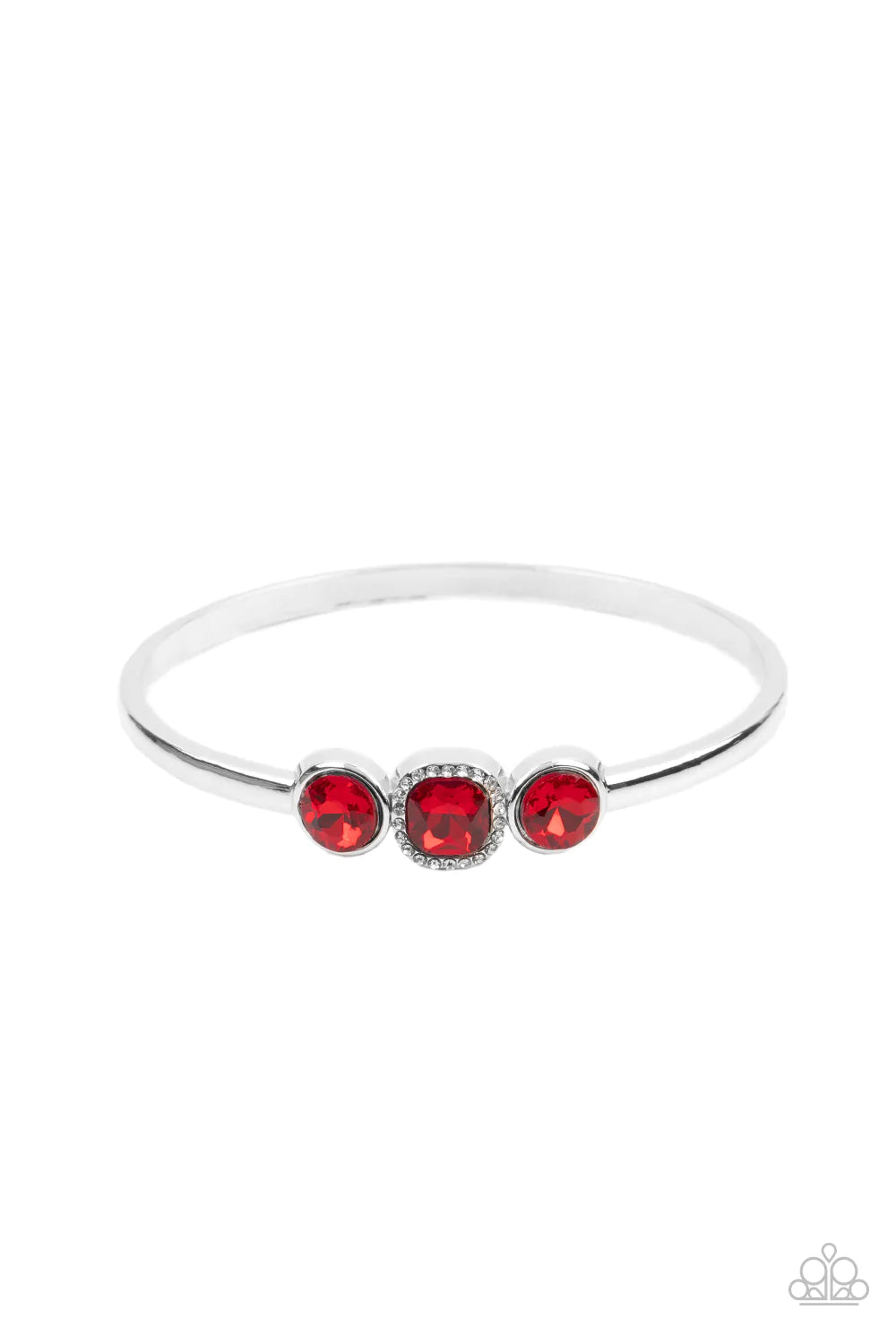 Paparazzi Accessories Royal Demands - Red The center of a thick silver bangle has been adorned with a trio of glittery red rhinestones, creating a sparkly centerpiece around the wrist. Featuring a regal cube cut, the centermost rhinestone is bordered in a