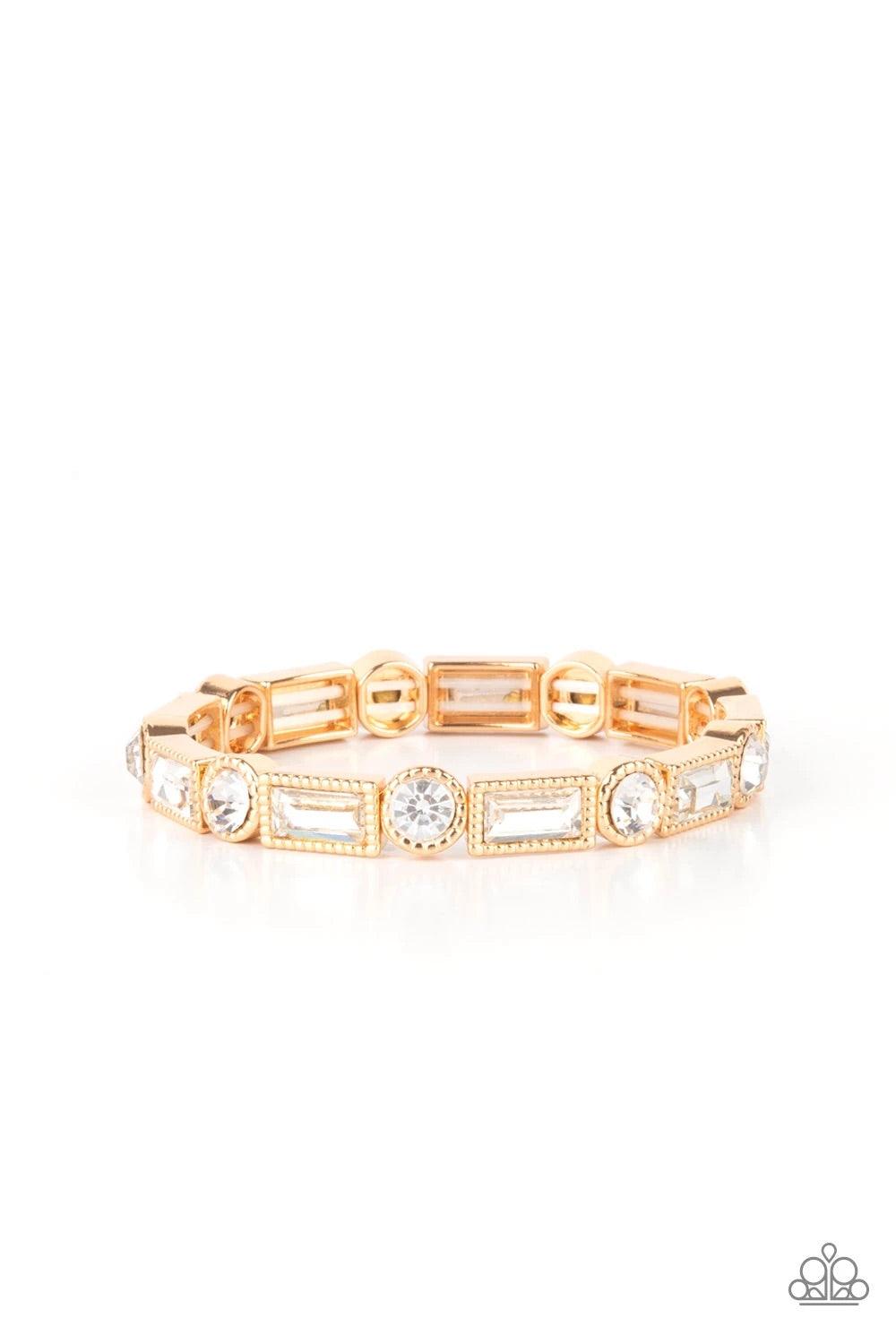 Paparazzi Accessories Classic Couture - Gold Classic round and baguette cut rhinestones set in shiny dotted gold frames alternate around the wrist on stretchy bands for a shimmering finish. Sold as one individual bracelet. Jewelry