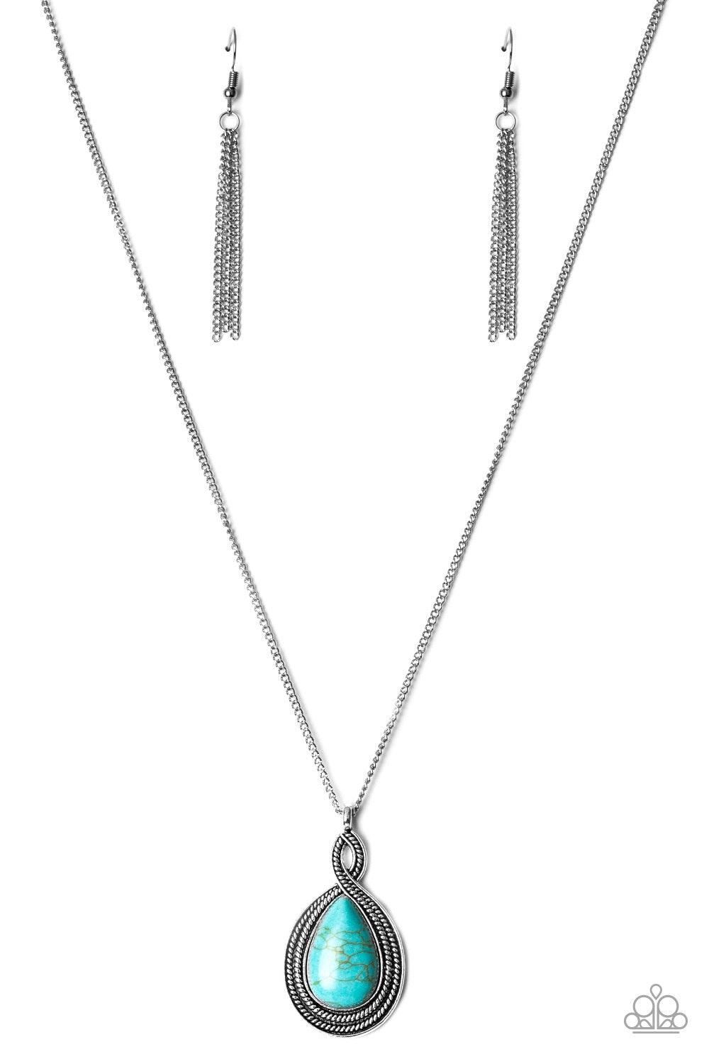 Paparazzi Accessories Ranch Rustler - Blue Filled with rope-like patterns, shimmery silver bars twist around a refreshing turquoise stone at the bottom of a lengthened silver chain for a seasonal look. Features an adjustable clasp closure. Jewelry
