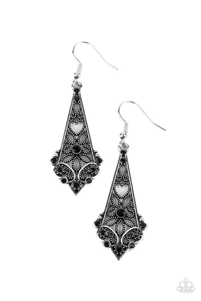 Paparazzi Accessories Casablanca Charisma - Black Dotted heart and flower filigree motifs permeate an elongated diamond-shaped silver frame. Dainty black rhinestones scatter across the design creating a whimsical lure. Earring attaches to a standard fishh