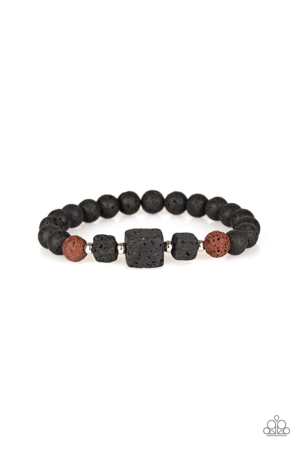 Paparazzi Accessories Refreshed And Rested -Brown A collection of round black and brown lava rocks join block-shaped lava rock beads along a stretchy band around the wrist for a seasonal look. Jewelry