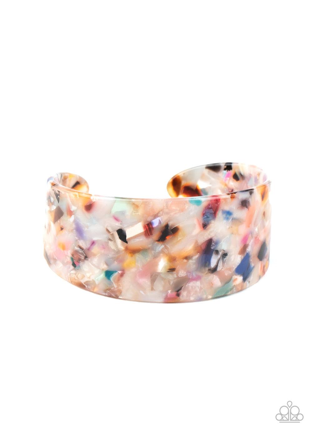 Paparazzi Accessories HAUTE Under The Collar - Multi Speckled in a colorful tortoise shell pattern, a multicolored acrylic cuff delicately curls around the wrist for a retro flair. Sold as one individual bracelet. Jewelry