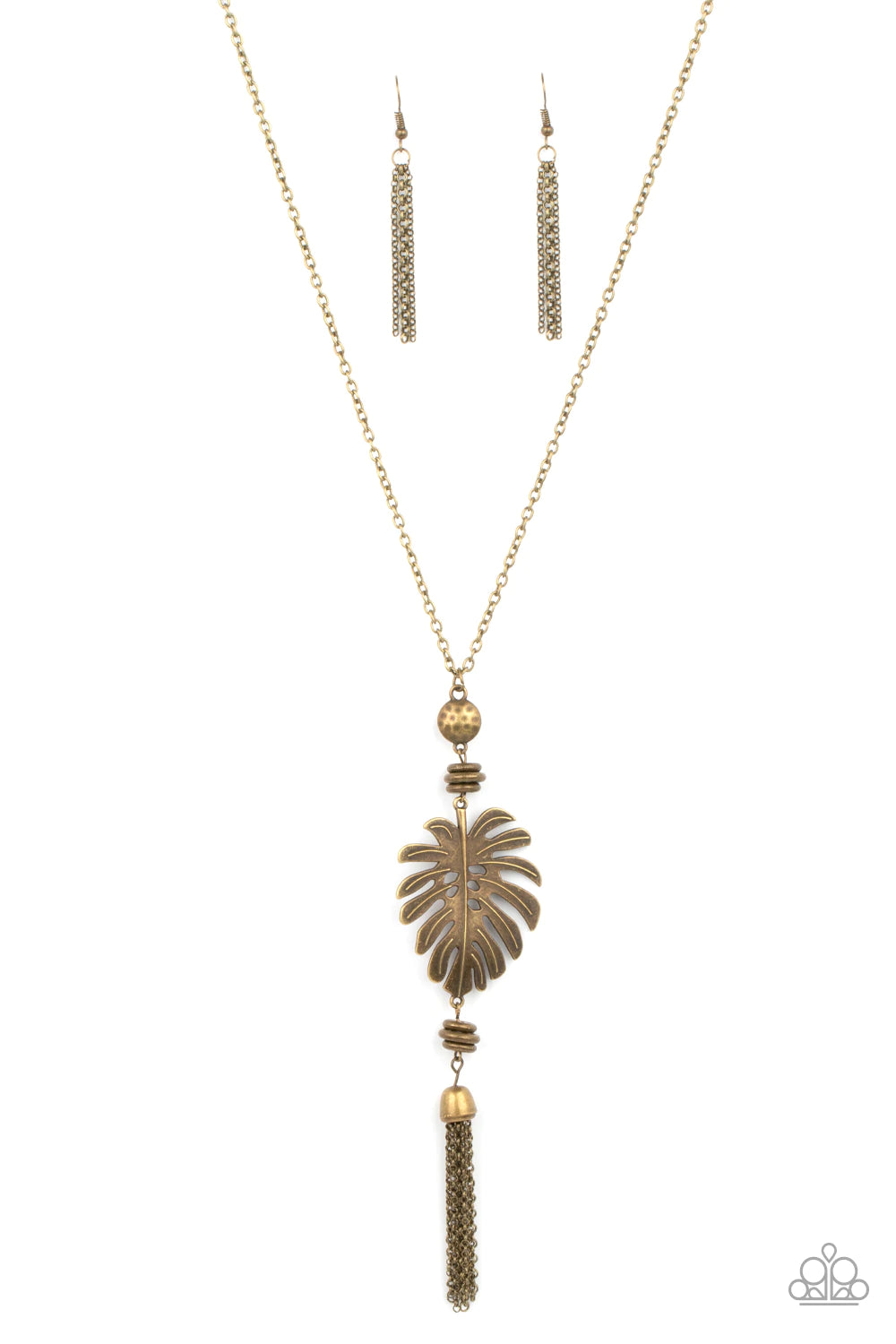 Paparazzi Accessories Palm Promenade - Brass Infused with brass beaded accents, a lifelike brass palm leaf frame attaches to the bottom of a rustic brass chain. An antiqued brass chain tassel swings from the bottom, adding flirtatious movement to the summ