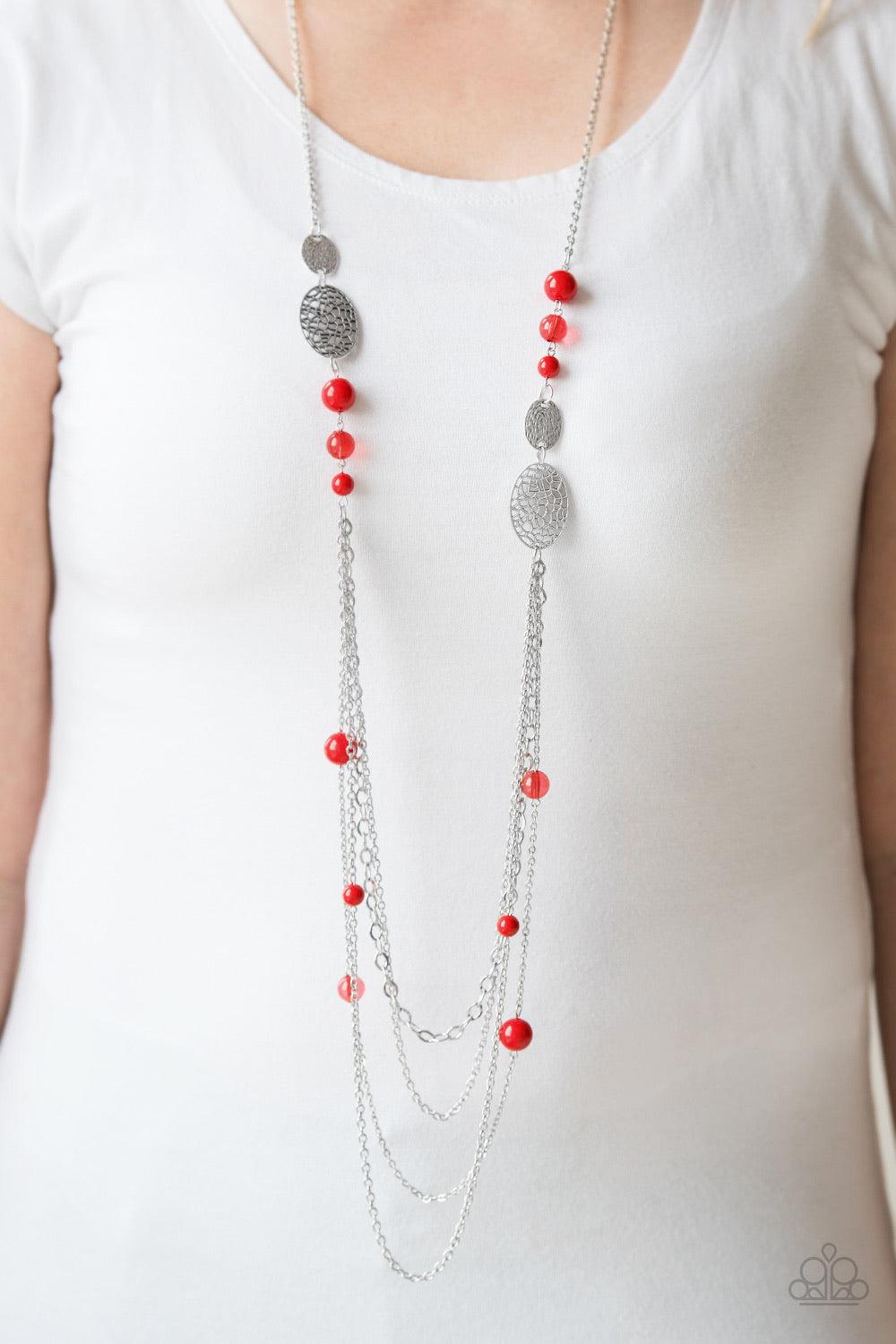Paparazzi Accessories The SUMMERTIME of Your Life! - Red Featuring textures derived from nature, shimmery silver discs give way to sections of glistening silver chains for a whimsical look. Glassy and polished red beads trickle between silver accents for