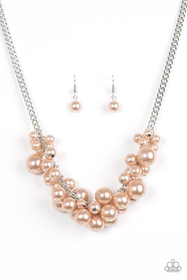Paparazzi Accessories Glam Queen - Brown Varying in size, bubbly brown pearls cascade from the bottom of a bold silver chain, creating a dramatically clustered fringe below the collar. Features an adjustable clasp closure. Jewelry