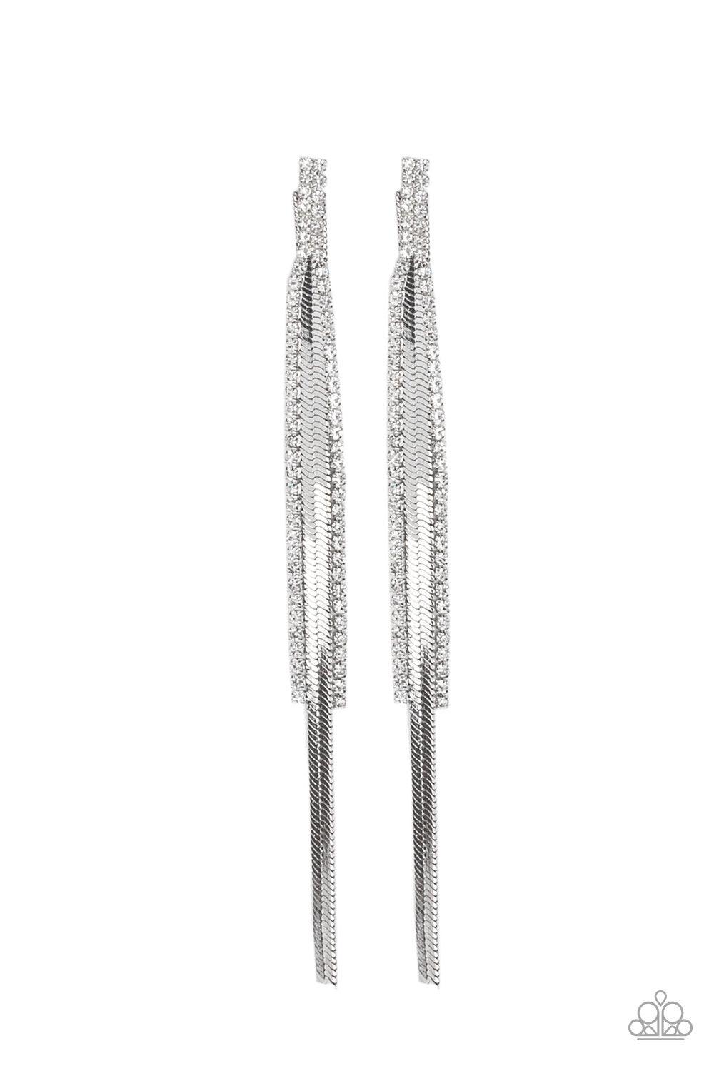 Paparazzi Accessories Flavor of the SLEEK - White Two strands of dainty white rhinestones join a flat silver chain, coalescing into an edgy lure. Earring attaches to a standard post fitting. Jewelry