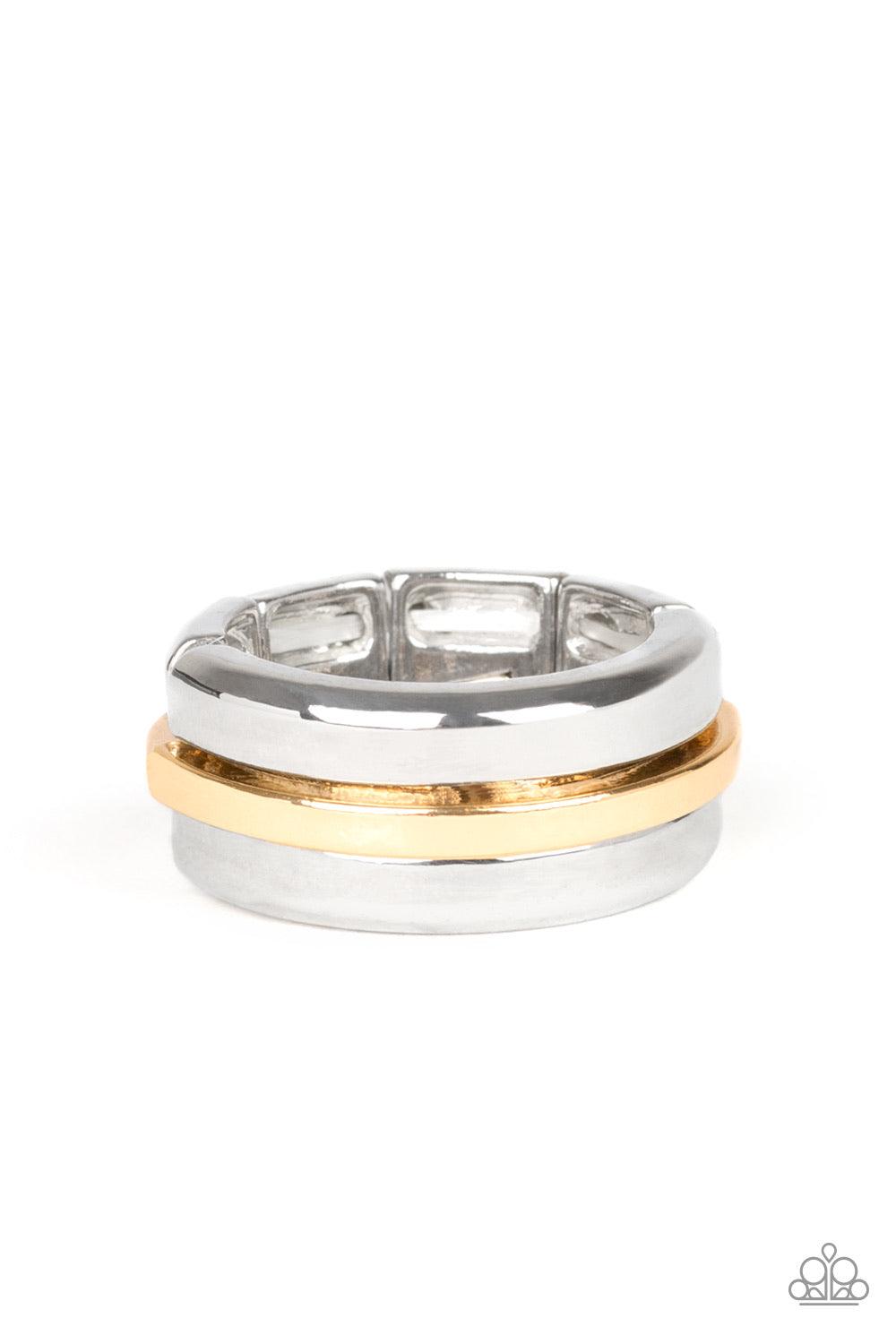 Paparazzi Accessories Battle Tank - Silver A glistening gold bar arcs across the center of thick silver band for a modern look. Features a stretchy band for a flexible fit. Jewelry