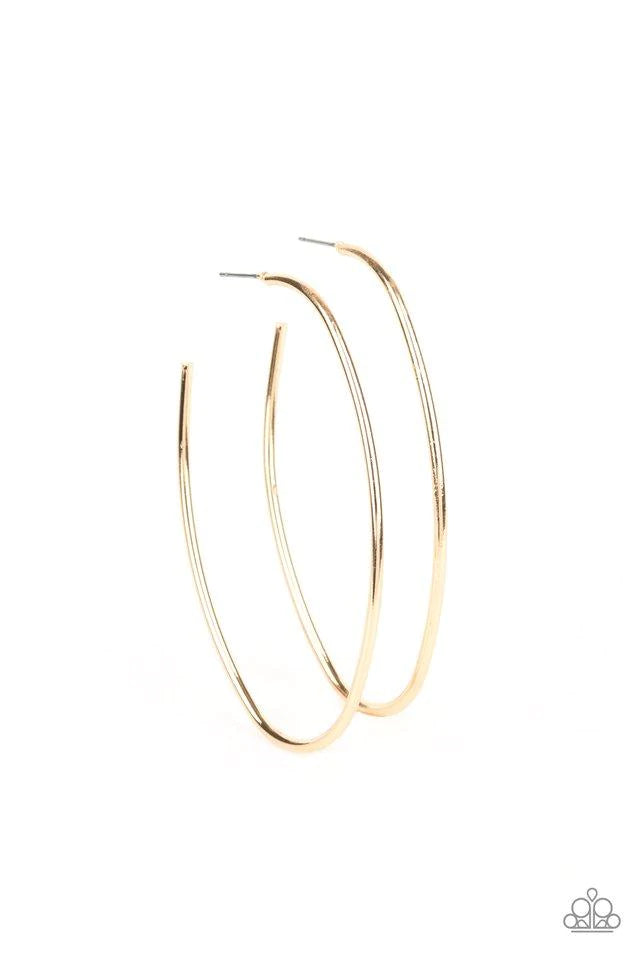 Paparazzi Accessories HOOP-De-Do - Gold Brushed in a high-sheen shimmer, a glistening gold bar arcs into an asymmetrical hoop for an edgy look. Earring attaches to a standard post fitting. Hoop measures approximately 2" in diameter. Sold as one pair of ho