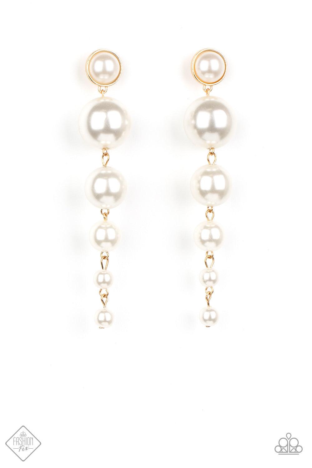 Paparazzi Accessories Living A WEALTHY Lifestyle - Gold Attached to a matching pearl beaded gold fitting, a bubbly collection of pearls decrease in size as they trickle from the ear, linking into a dramatically elegant lure. Earring attaches to a standard