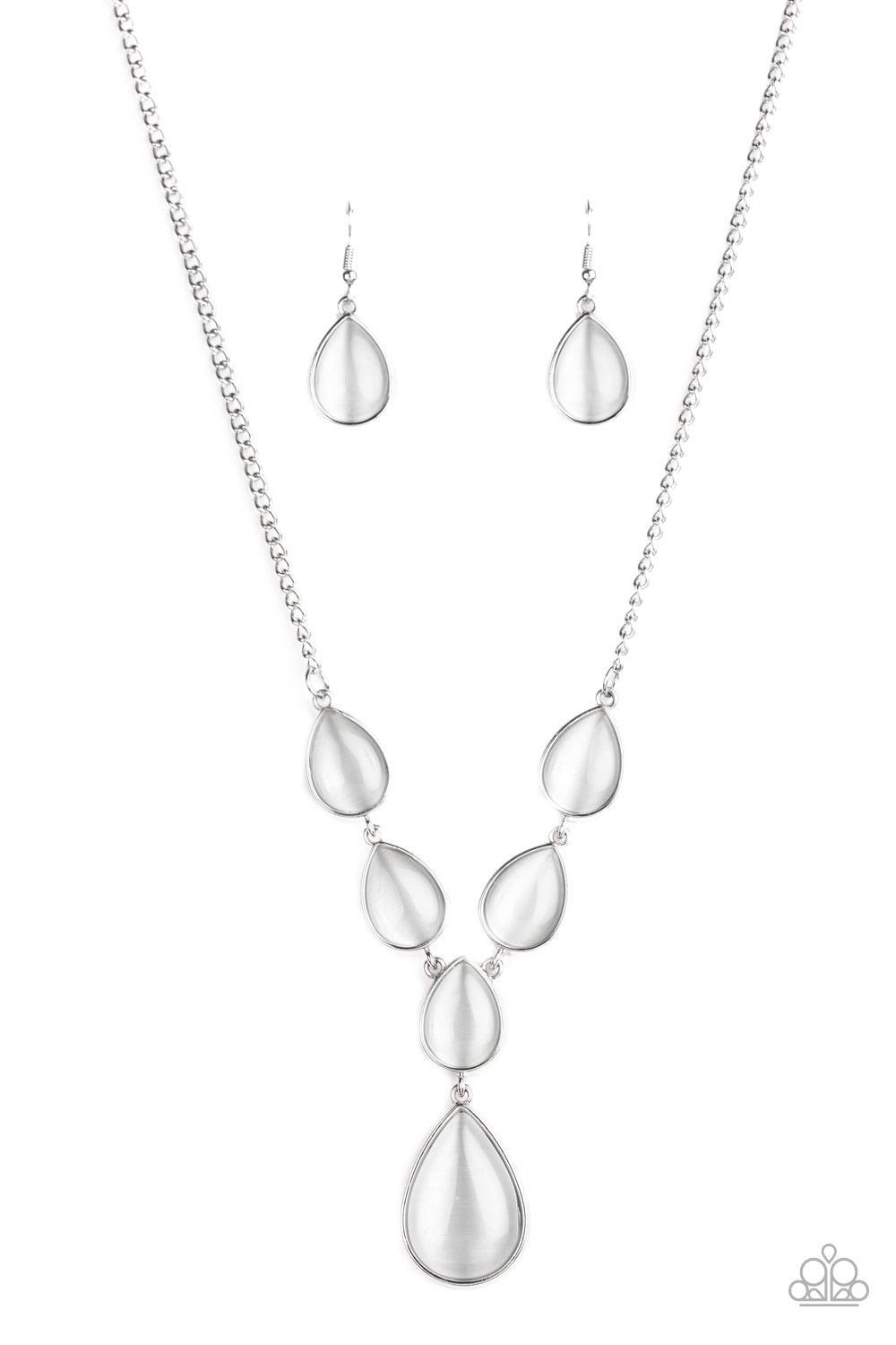Paparazzi Accessories Dewy Decadence - White A series of white cat's eye teardrops interlock at the bottom of a silver chain, giving way to an oversized teardrop pendant for a refined finish. Features an adjustable clasp closure. Jewelry