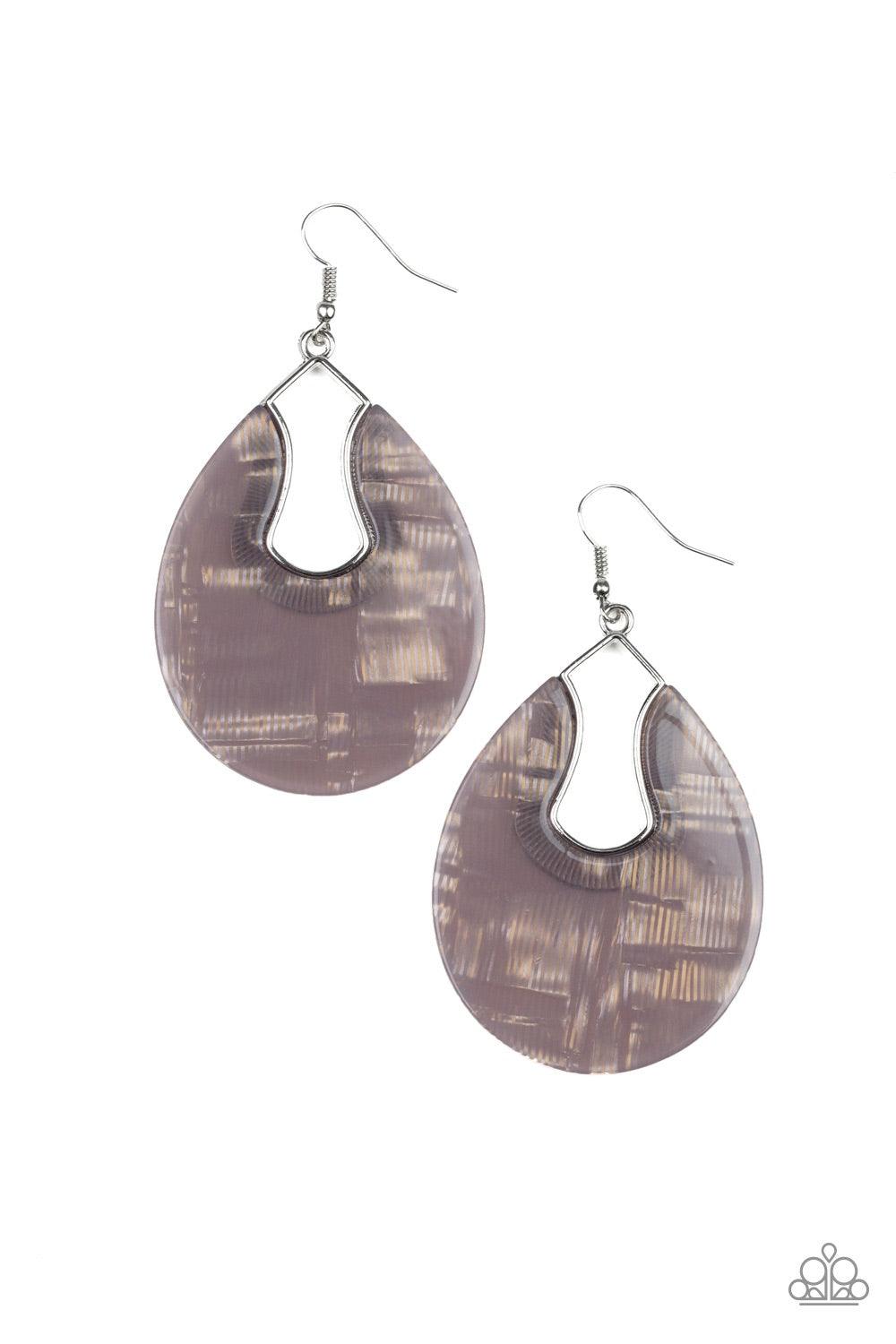 Paparazzi Accessories Pool Hopper - Silver Brushed in a faux marble finish, a shimmering acrylic frame attaches to an abstract silver fitting as it swings from the ear for a retro look. Earring attaches to a standard fishhook fitting. Jewelry