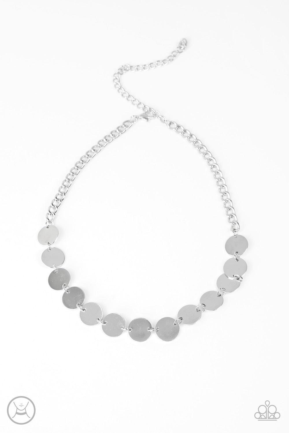 Paparazzi Accessories Faster Than SPOTLIGHT - Silver Brushed in a high-sheen finish, shiny silver discs link around the neck for a retro look. Features an adjustable clasp closure. Jewelry