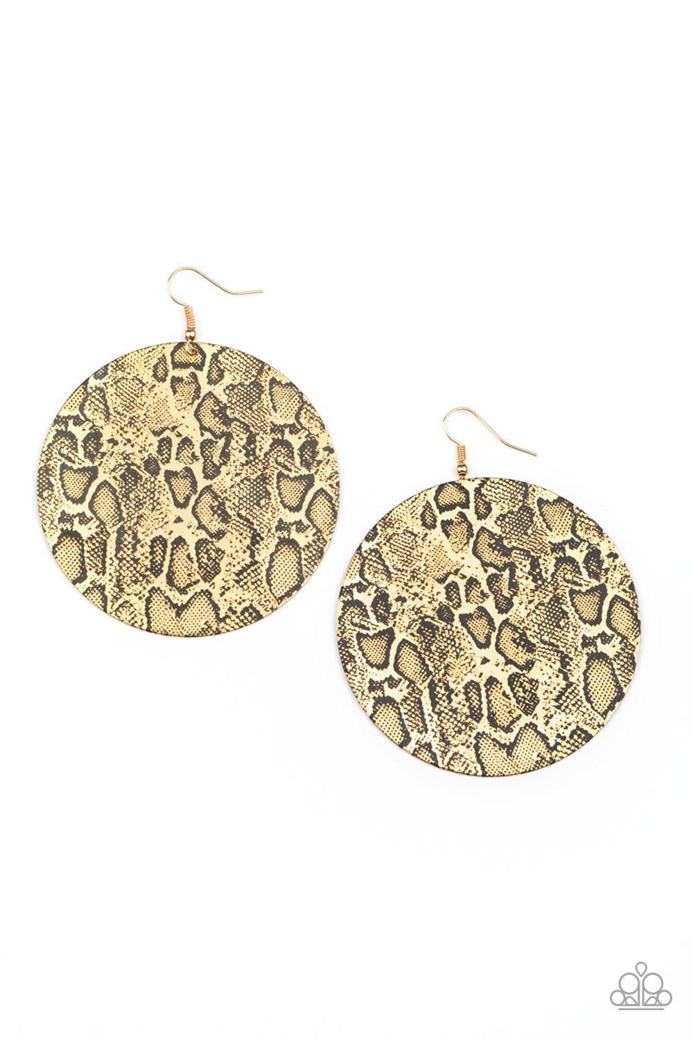 Paparazzi Accessories Animal Planet - Gold Featuring black python print on the front and back, an oversized gold disc swings from the ear for a wild look. Earring attaches to a standard fishhook fitting. Sold as one pair of earrings. Jewelry