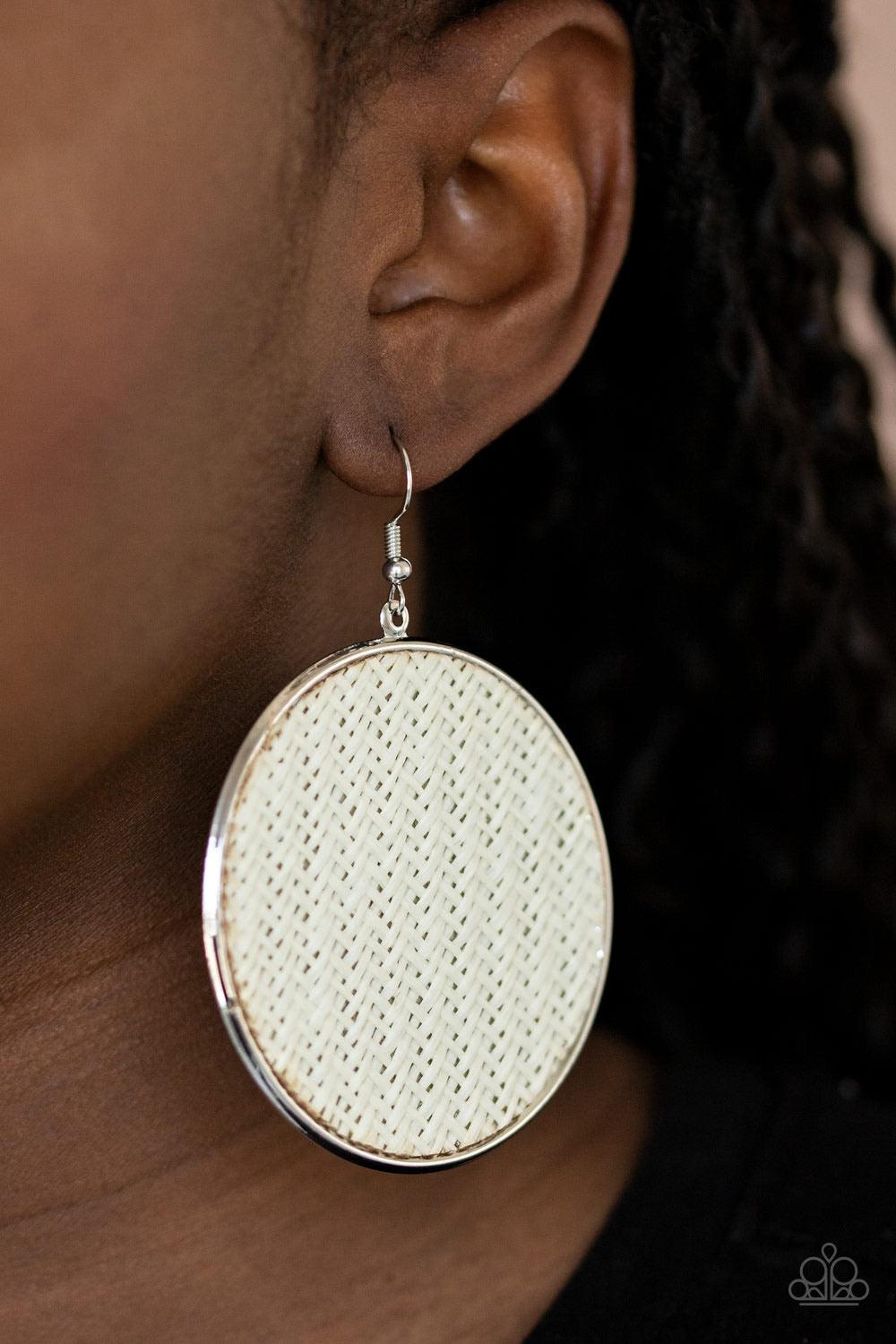 Paparazzi Accessories Wonderfully Woven - White White twine-like cording weaves across the front of an oversized silver disc for an earthy flair. Earring attaches to a standard fishhook fitting. Sold as one pair of earrings. Jewelry