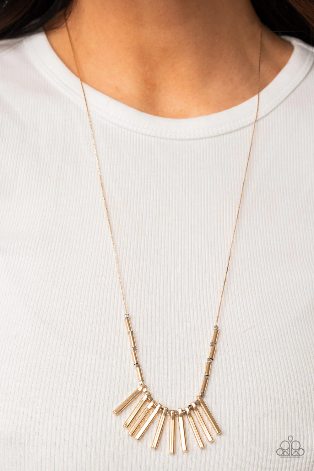 Paparazzi Accessories Rustic Hot Rod - Gold Infused with dainty silver cube and cylindrical gold beads, a fringe of gold rectangular rods alternates with silver cube beads across the chest for an edgy, mixed metallic fashion. Features an adjustable clasp
