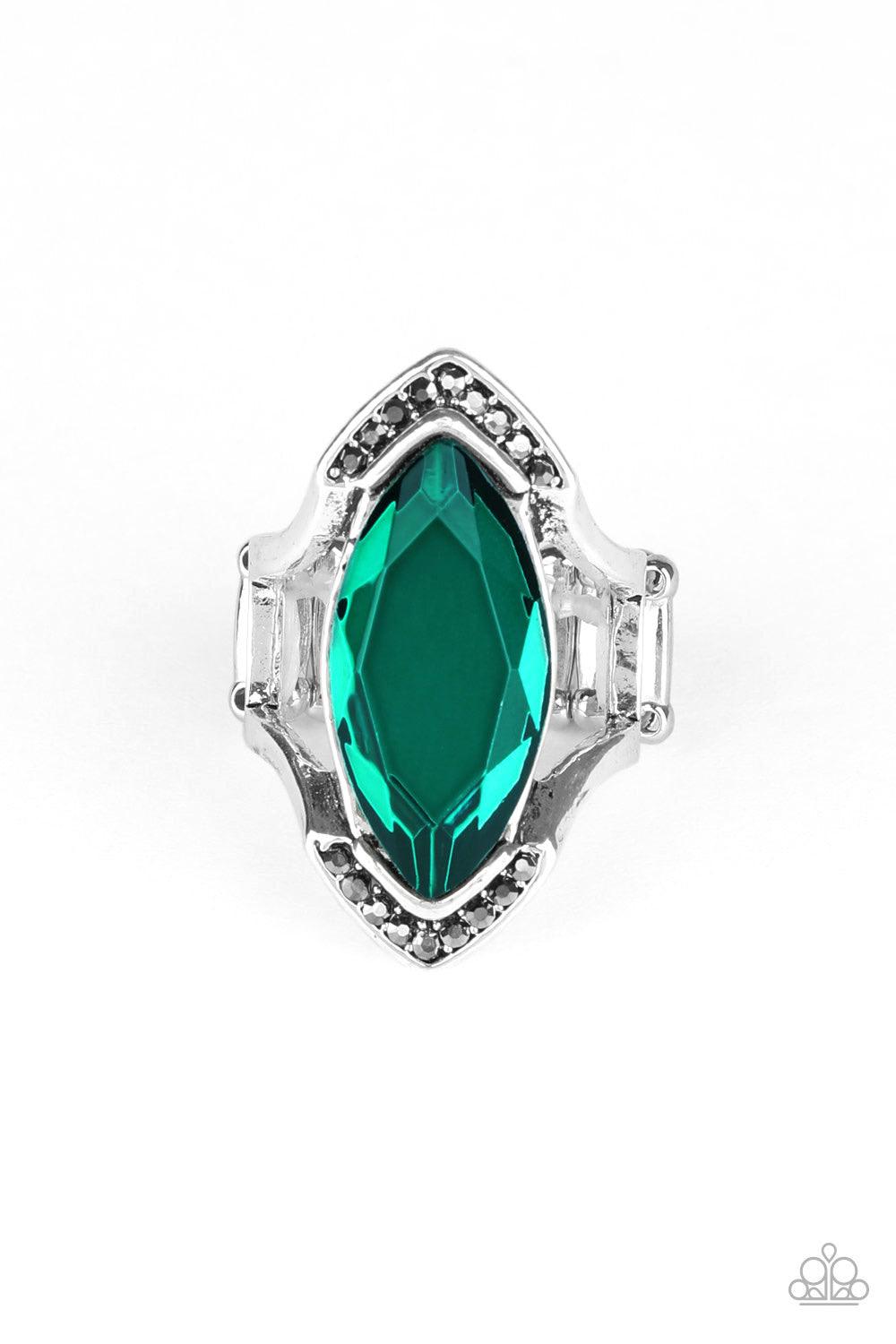 Paparazzi Accessories Leading Luster - Green Smoky hematite rhinestones are encrusted across the top and bottom angles of an airy silver frame. Featuring a faceted finish, a boldly cut green gem is nestled between the arcing bars for an edgy fashion. Feat