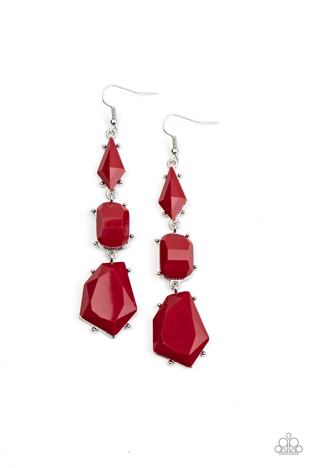 Paparazzi Accessories Geo Getaway - Red Varying in shape, imperfectly faceted Samba beads are encased in studded silver frames as they delicately link into a colorful lure. Earring attaches to a standard fishhook fitting. Sold as one pair of earrings. Jew