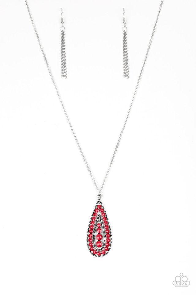 Paparazzi Accessories Tiki Tease - Red Brushed in a fiery red finish, a bubbly silver teardrop swings from the bottom of an elongated silver chain for a tribal inspired look. Features an adjustable clasp closure. Jewelry
