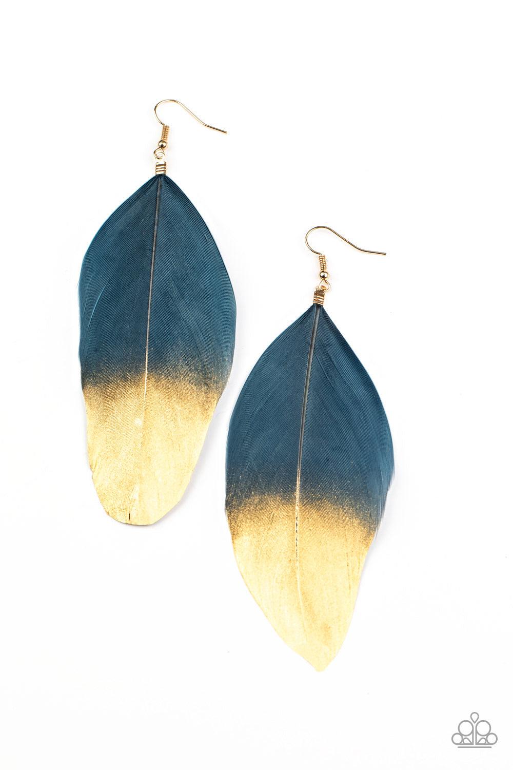 Paparazzi Accessories Fleek Feathers - Blue Dipped in a golden shimmer, a soft blue feather fans from the ear in a statement-making fashion. Earring attaches to a standard fishhook fitting. Sold as one pair of earrings. Jewelry