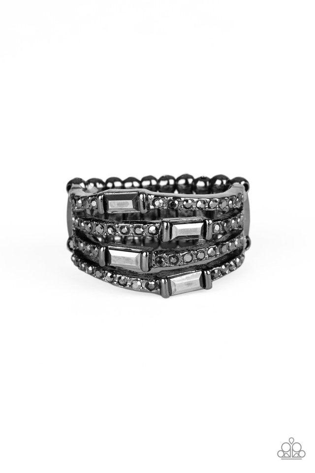 Paparazzi Accessories Royal Reflections - Black Wavy gunmetal bands are encrusted in sections of dainty hematite rhinestones and emerald-cut hematite rhinestones for a sassy layered look. Features a stretchy band for a flexible fit. Jewelry