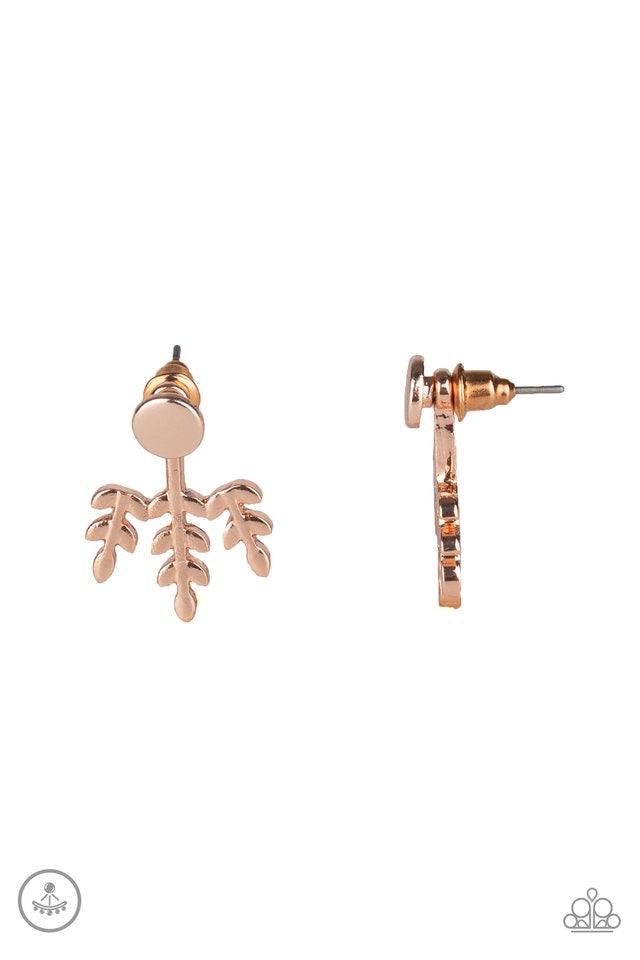 Paparazzi Accessories Autumn Shimmer - Rose Gold A flat rose gold stud attaches to a double-sided post, designed to fasten behind the ear. Brushed in a high-sheen shimmer, the leafy double-sided post peeks out beneath the ear for a seasonal look. Earring