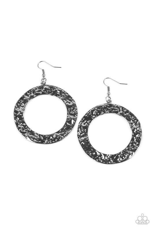 Paparazzi Accessories PRIMAL Meridian - Black A flat gunmetal circular frame has been hammered in blinding detail for a handcrafted look. Earring attaches to a standard fishhook fitting. Sold as one pair of earrings. Jewelry