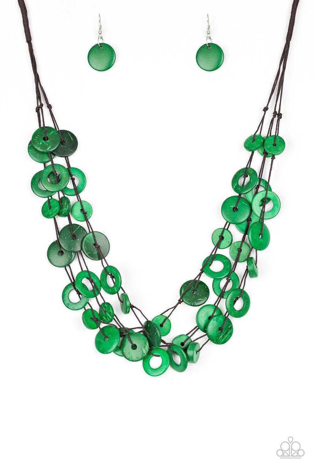 Paparazzi Accessories Wonderfully Walla - Green Shiny brown cording knots around mismatched green wooden beads, creating vivacious layers. Features a button loop closure. Sold as one individual necklace. Includes one pair of matching earrings. Jewelry