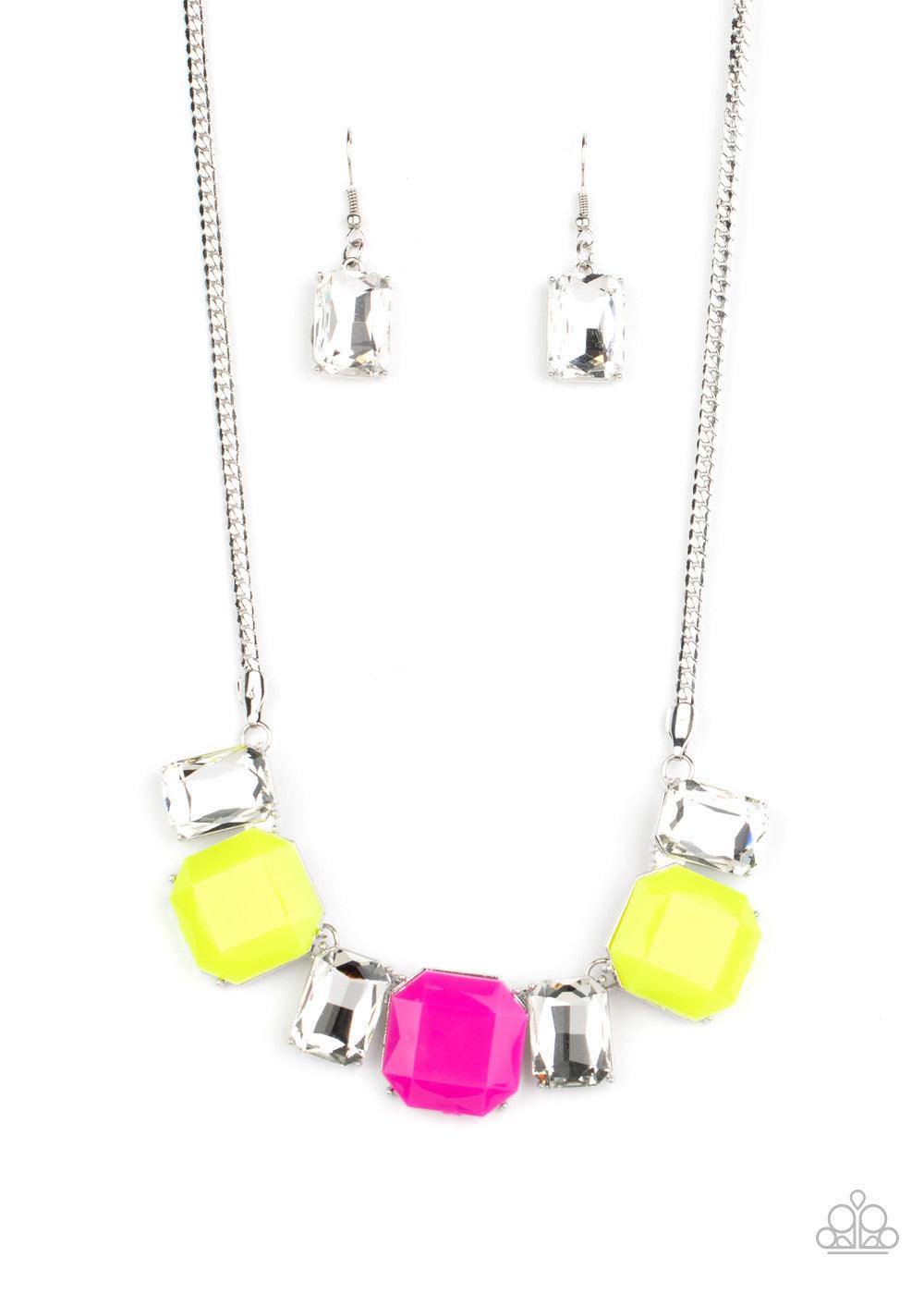 Paparazzi Accessories Royal Crest - Yellow Neon yellow and pink beads connect with exaggerated emerald style white rhinestones, creating vivacious sparkle below the collar. Features an adjustable clasp closure. Sold as one individual necklace. Includes on